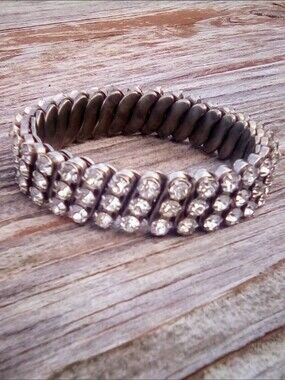 Vintage Silver Tone 3 Row Clear Rhinestone Stretch Bracelet